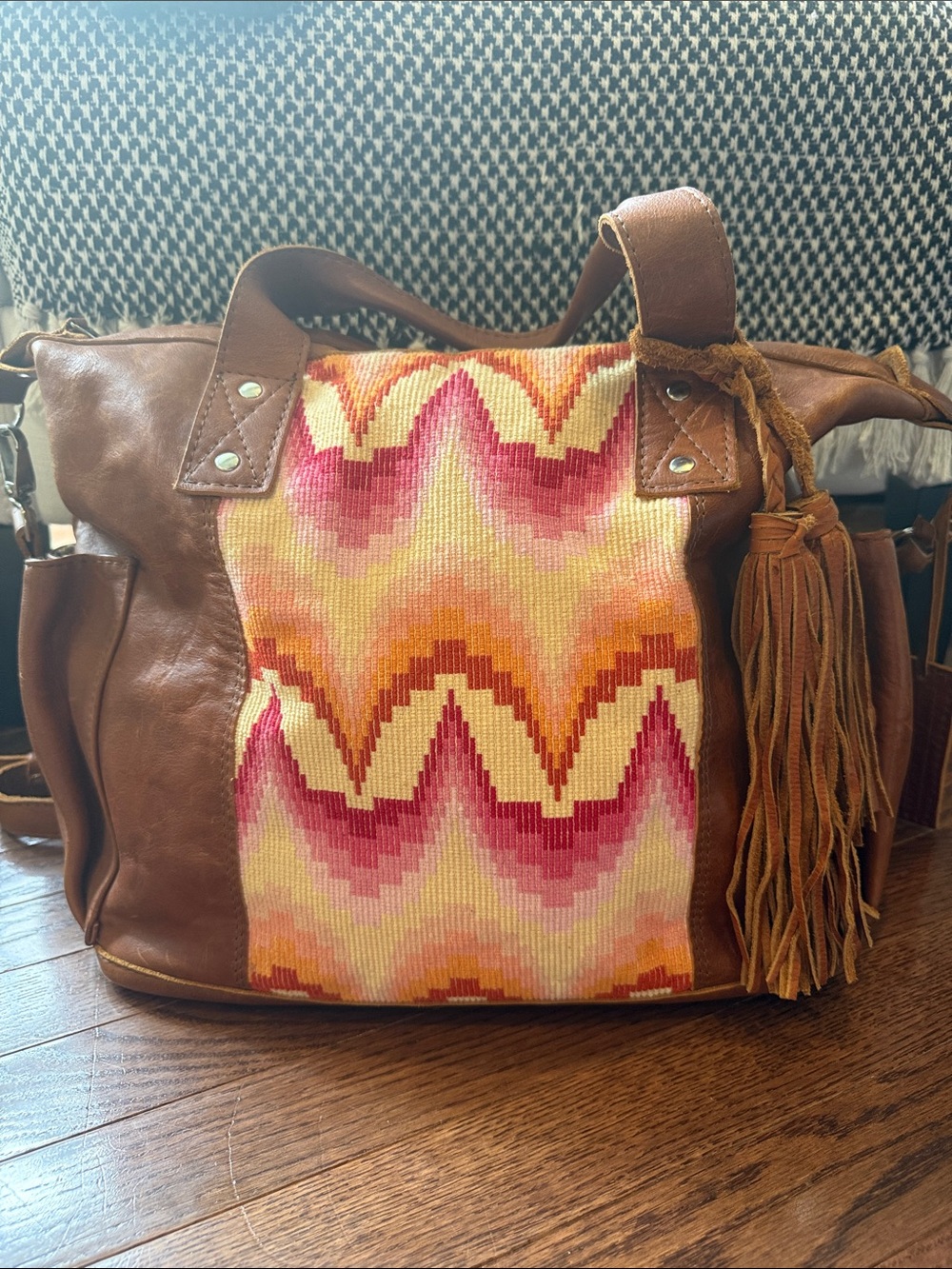 Nena & Co Moon Bag Convertible Day Bag Cognac Leather OOAK Guatemalan Huipil